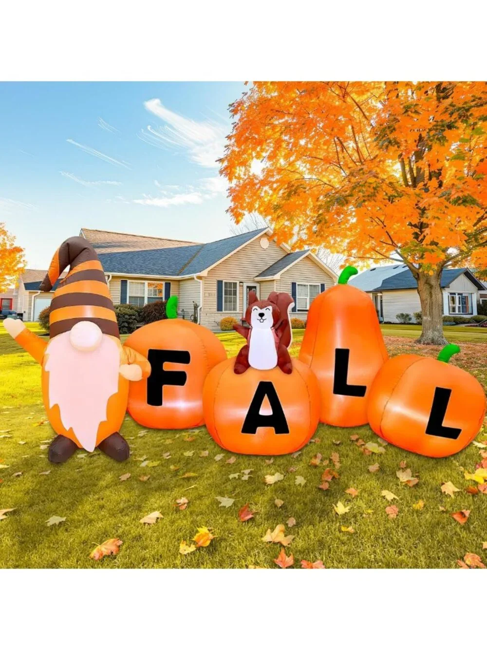 7FT Fall Inflatables Outdoor Decor - Pumpkin, Gnome & Squirrel with LED Lights
